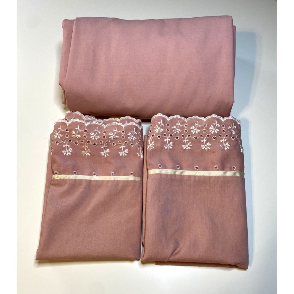 VINTAGE Springmaid Double Fitted Sheet with 2 Pillowcase Lucerne Lace Rose Pink